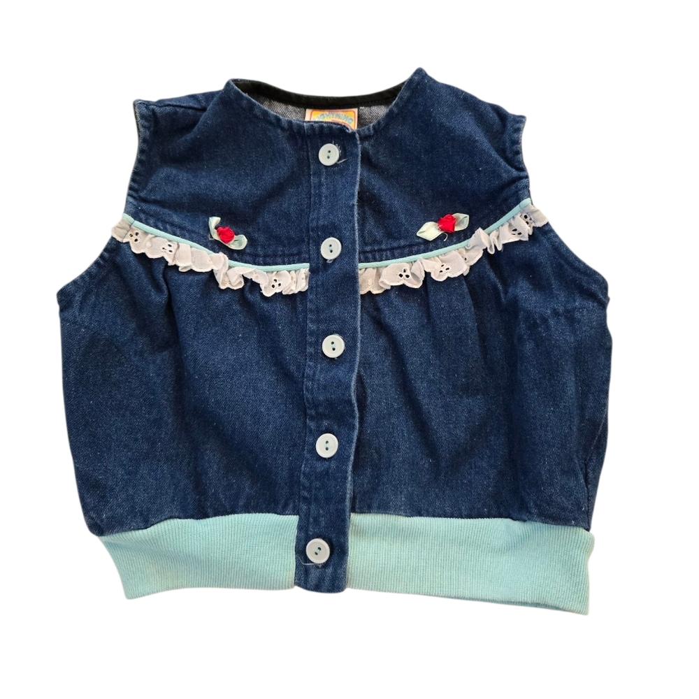 Vintage 1990s Lightning Bug Blue Denim Vest with Lace and Embroidery